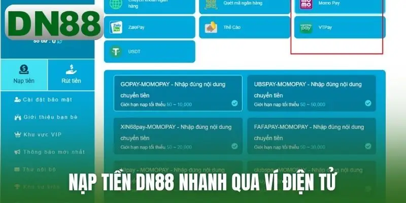 Nạp tiền DN88 nhanh qua ví điện tử
